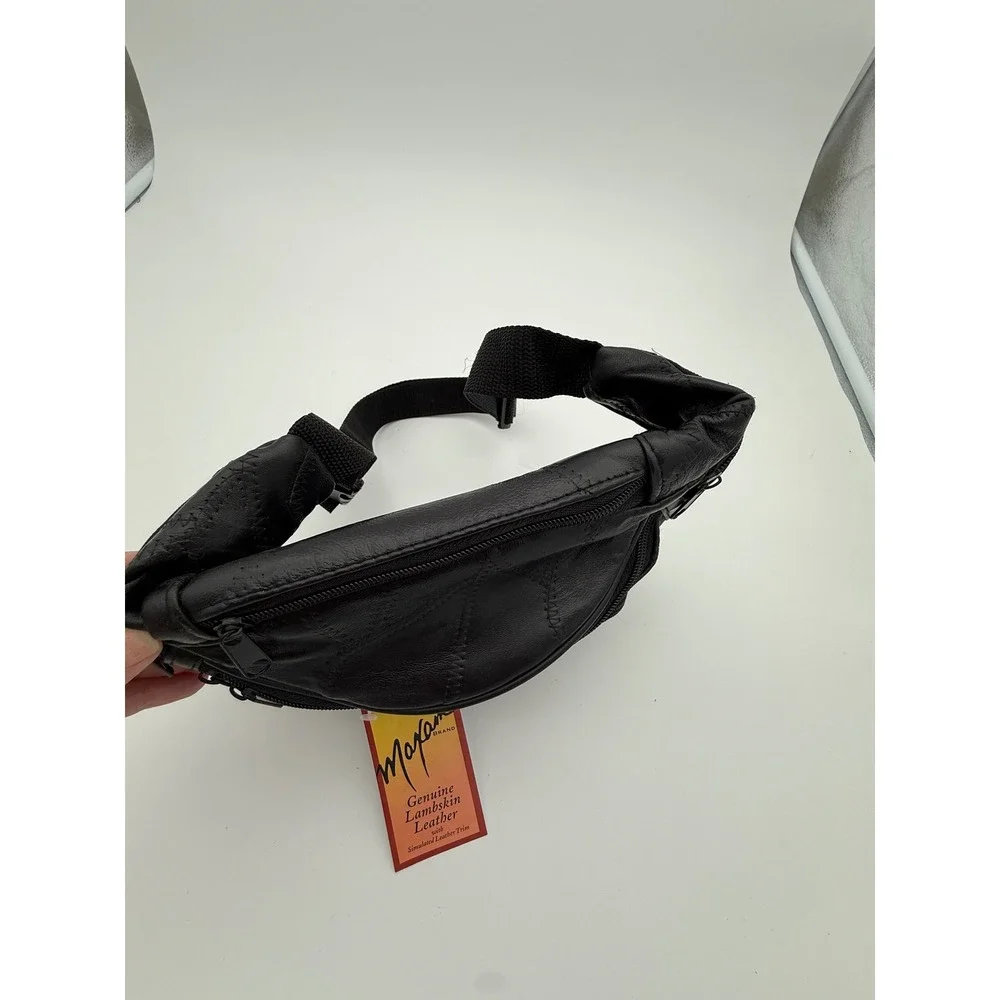 1990s Maxam Genuine Lambskin Leather Fanny Pack Black Multi Pocket Waist Bag NWT - Picture 5 of 14